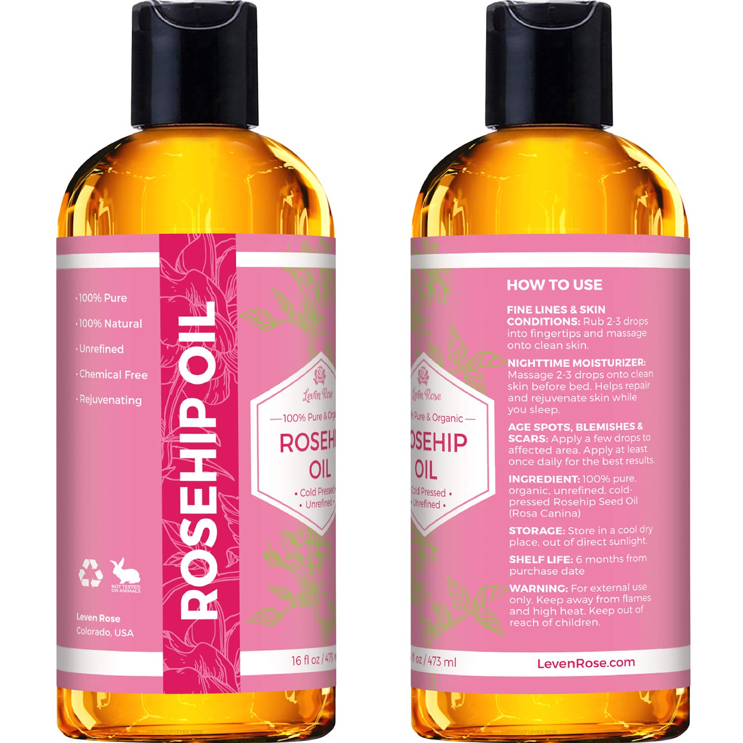 Leven Rose rosehip oil bottle for nighttime skincare routine