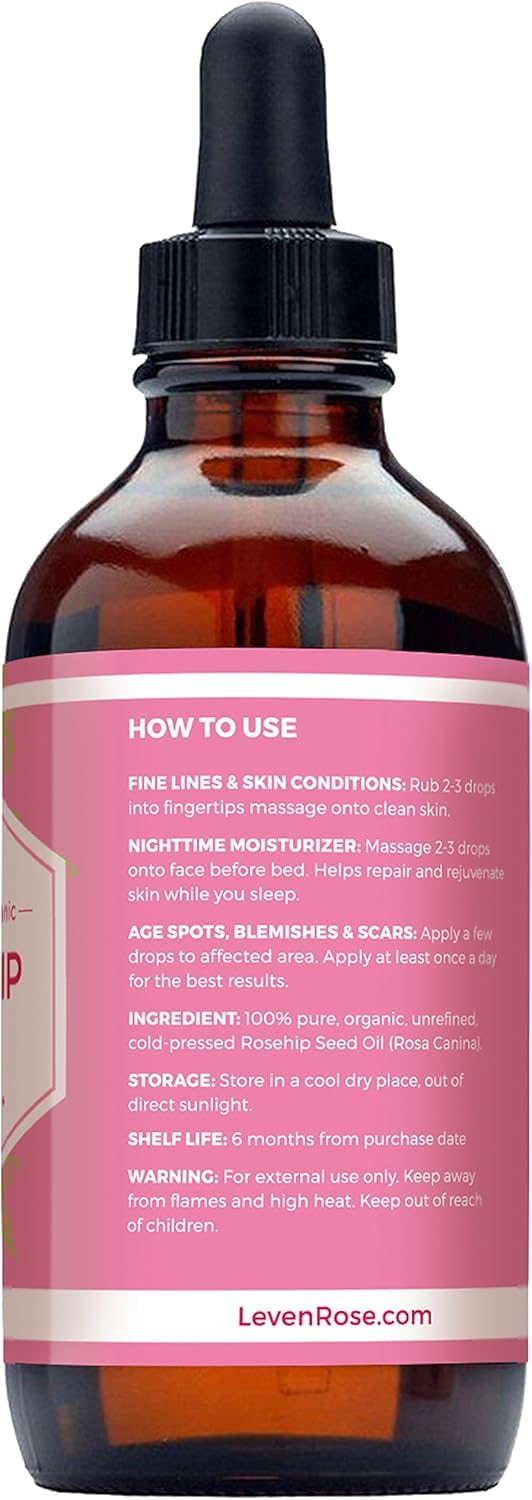 Leven Rose rosehip seed oil bathroom shelf ready for multi-use care.