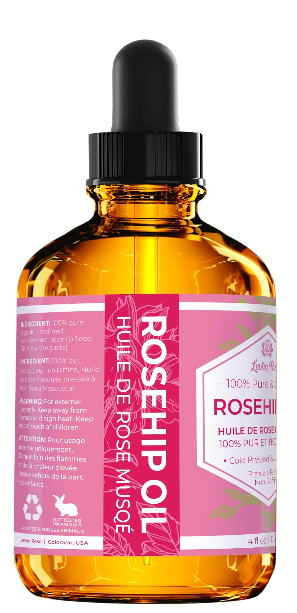 Leven Rose rosehip oil dropper delivering quick, absorbing skin hydration.