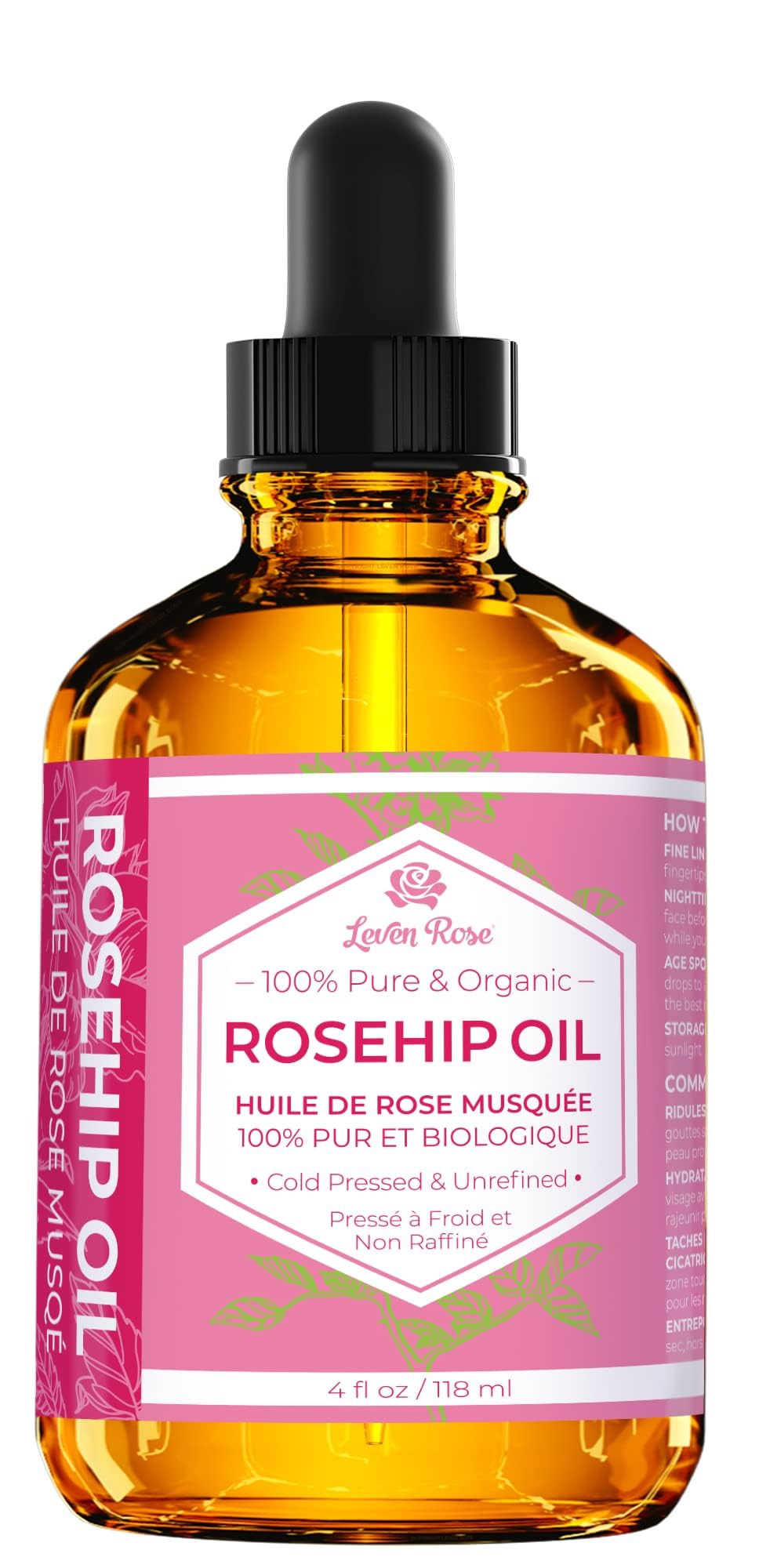 Leven Rose rosehip seed oil face application boosts radiance and moisture.