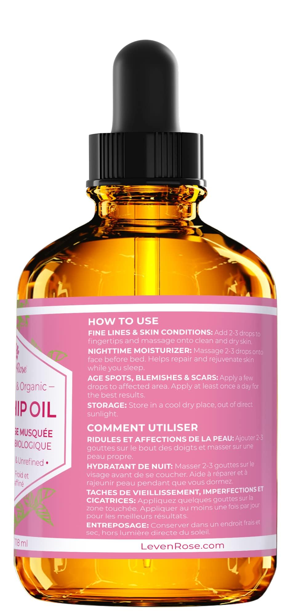 Leven Rose rosehip seed oil skin closeup highlights lightweight, non-greasy feel.