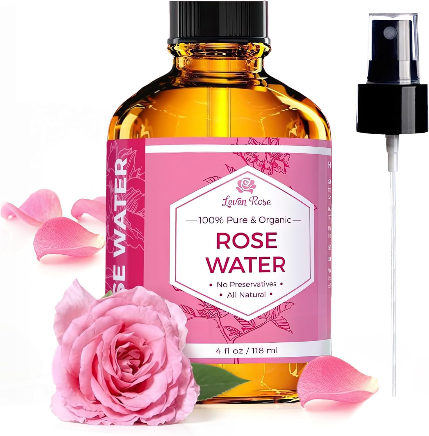 Leven Rose Rosewater Spray bottle delivers gentle facial hydration and a refreshing aroma.