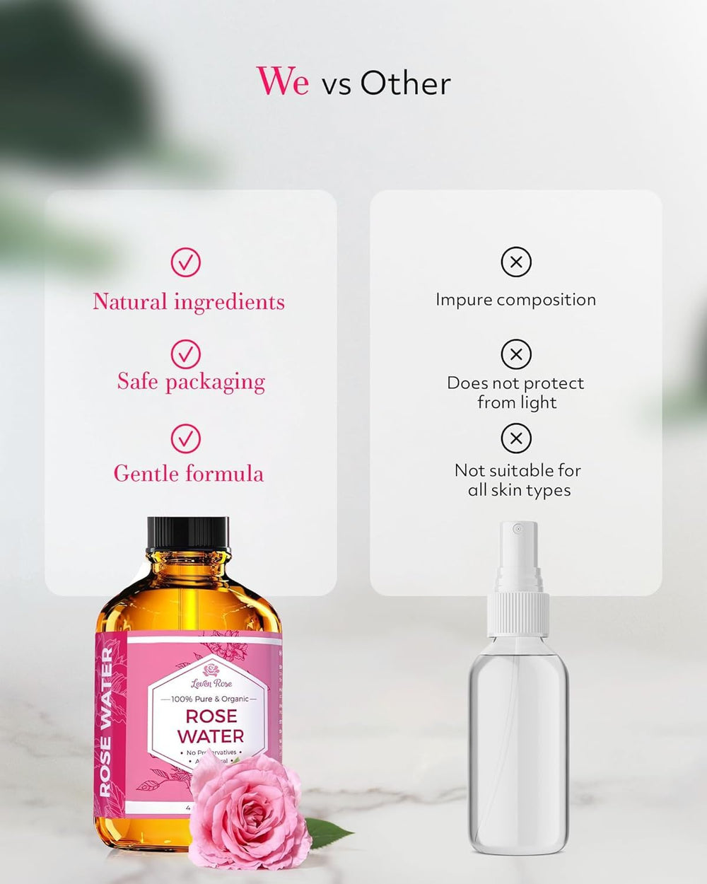 Origin from Morocco’s Rosa Damascena emphasizes traditional rosewater craftsmanship.
