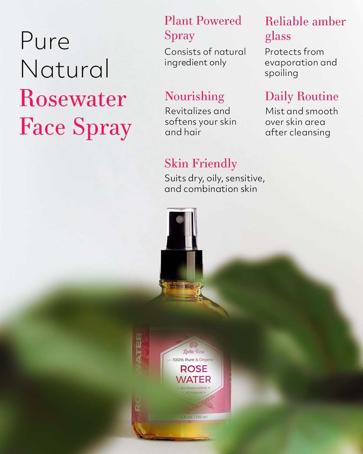 Single-ingredient Leven Rose Rosewater Spray highlights pure skincare.