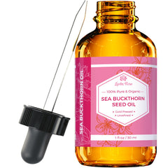 Leven Rose Sea Buckthorn Oil in amber bottle provides deep hydration and antioxidant support.