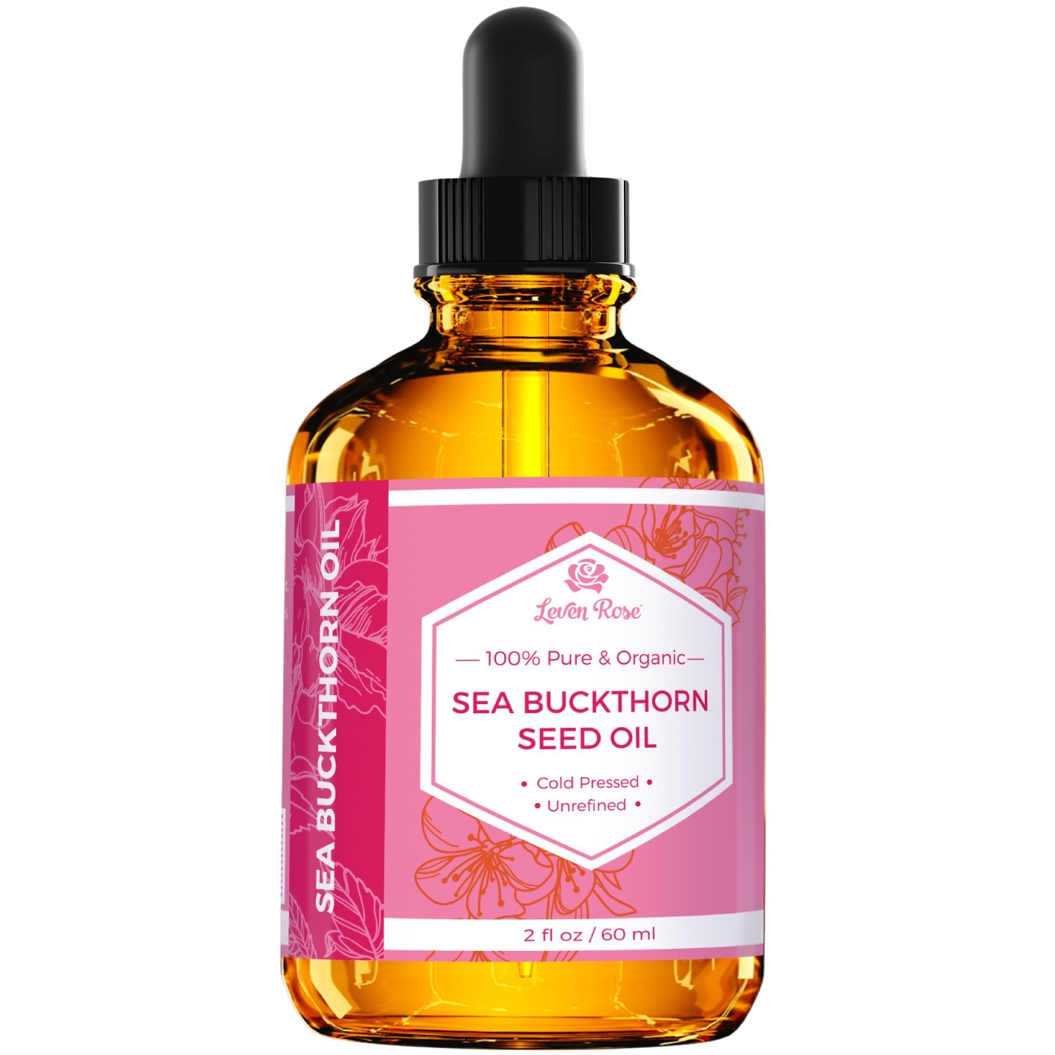 Leven Rose sea buckthorn oil bottle on shelf with UV protection.
