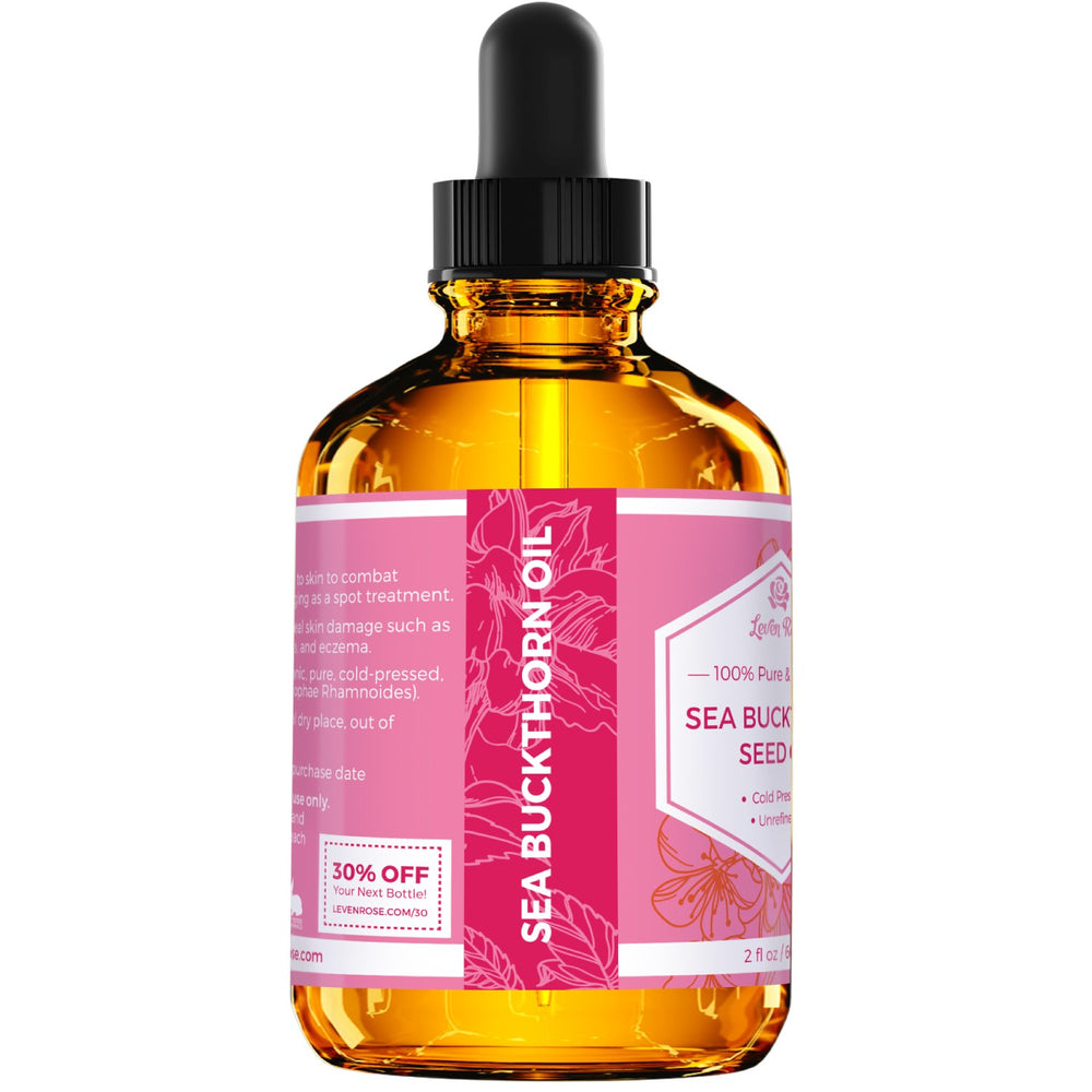 Leven Rose sea buckthorn oil ingredients label highlights organic origin.