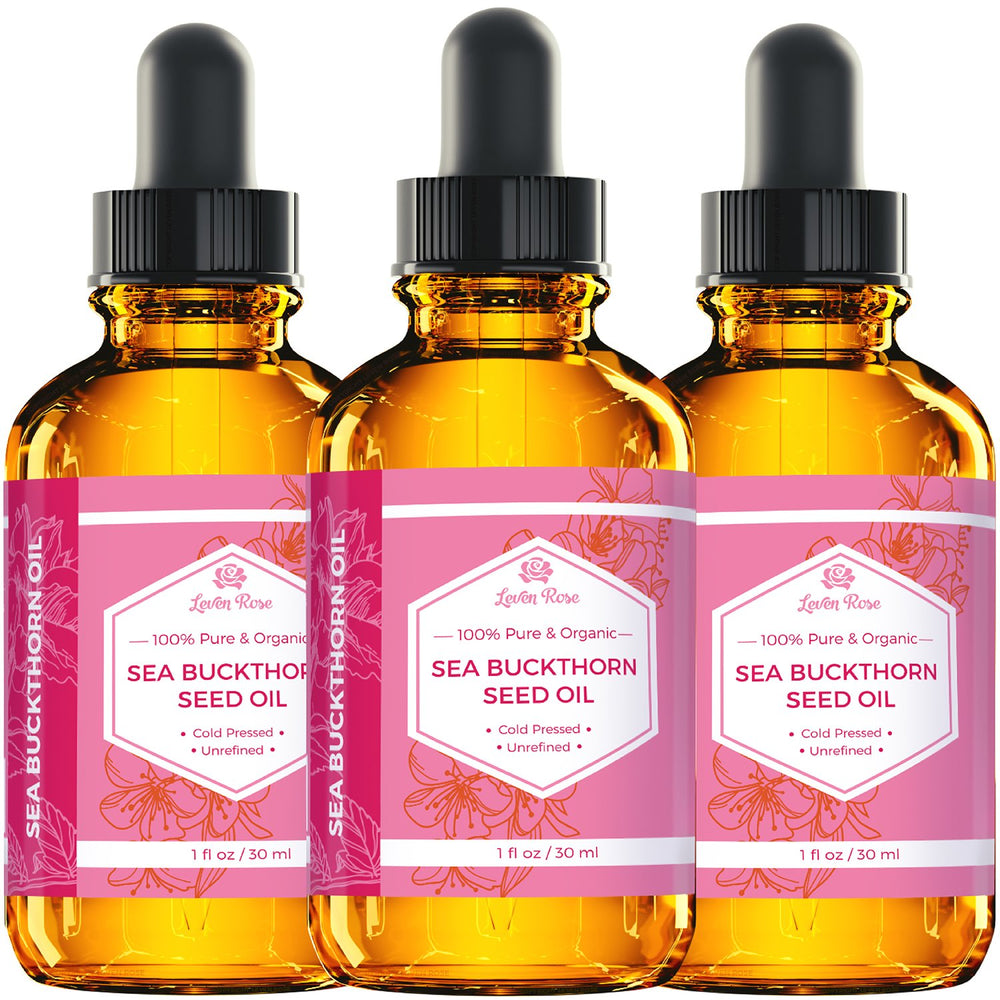 Leven Rose Sea Buckthorn Oil stored in dark amber bottle preserves freshness.