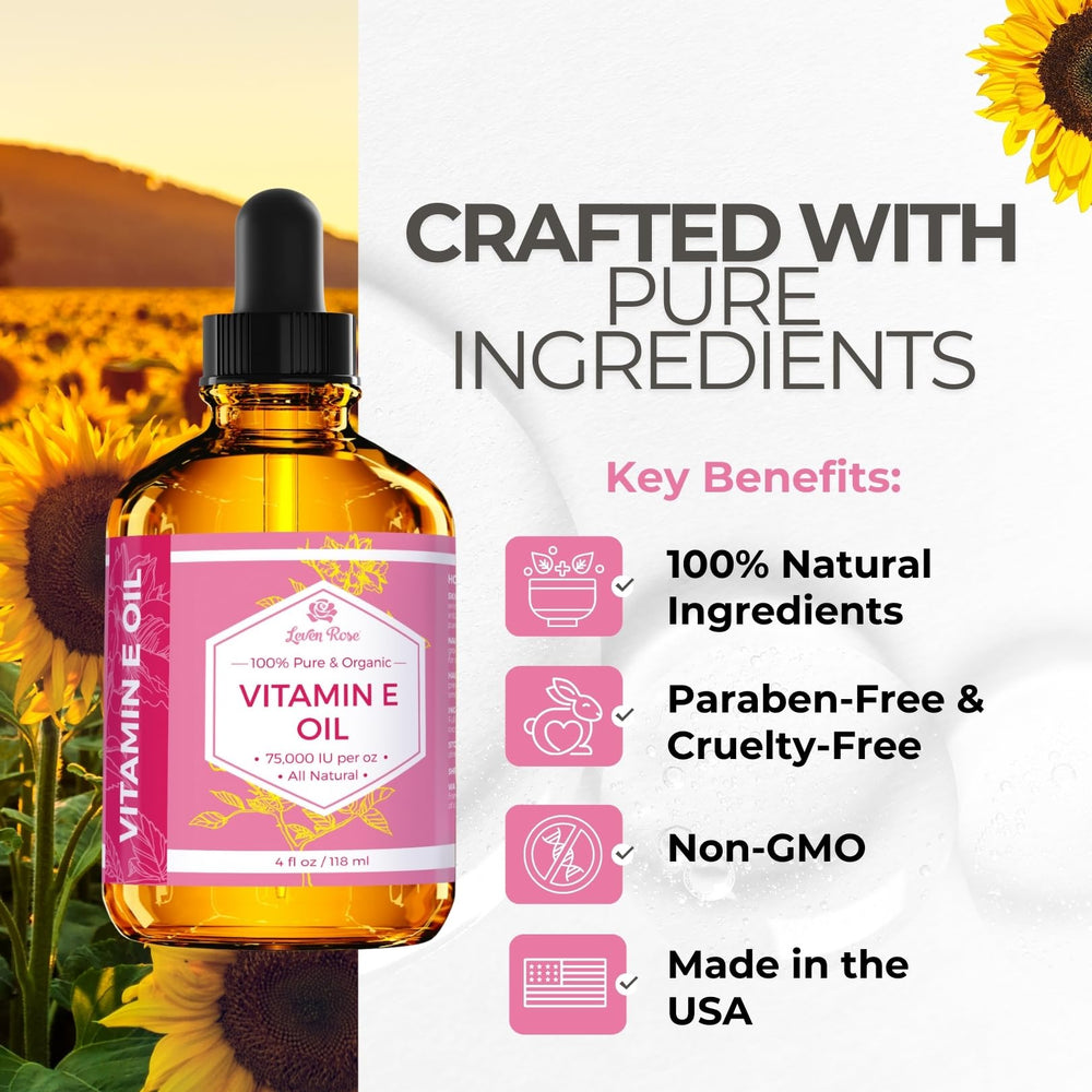 Leven Rose Vitamin E Oil ingredients highlight pure, cold-pressed vitamin E with antioxidant support