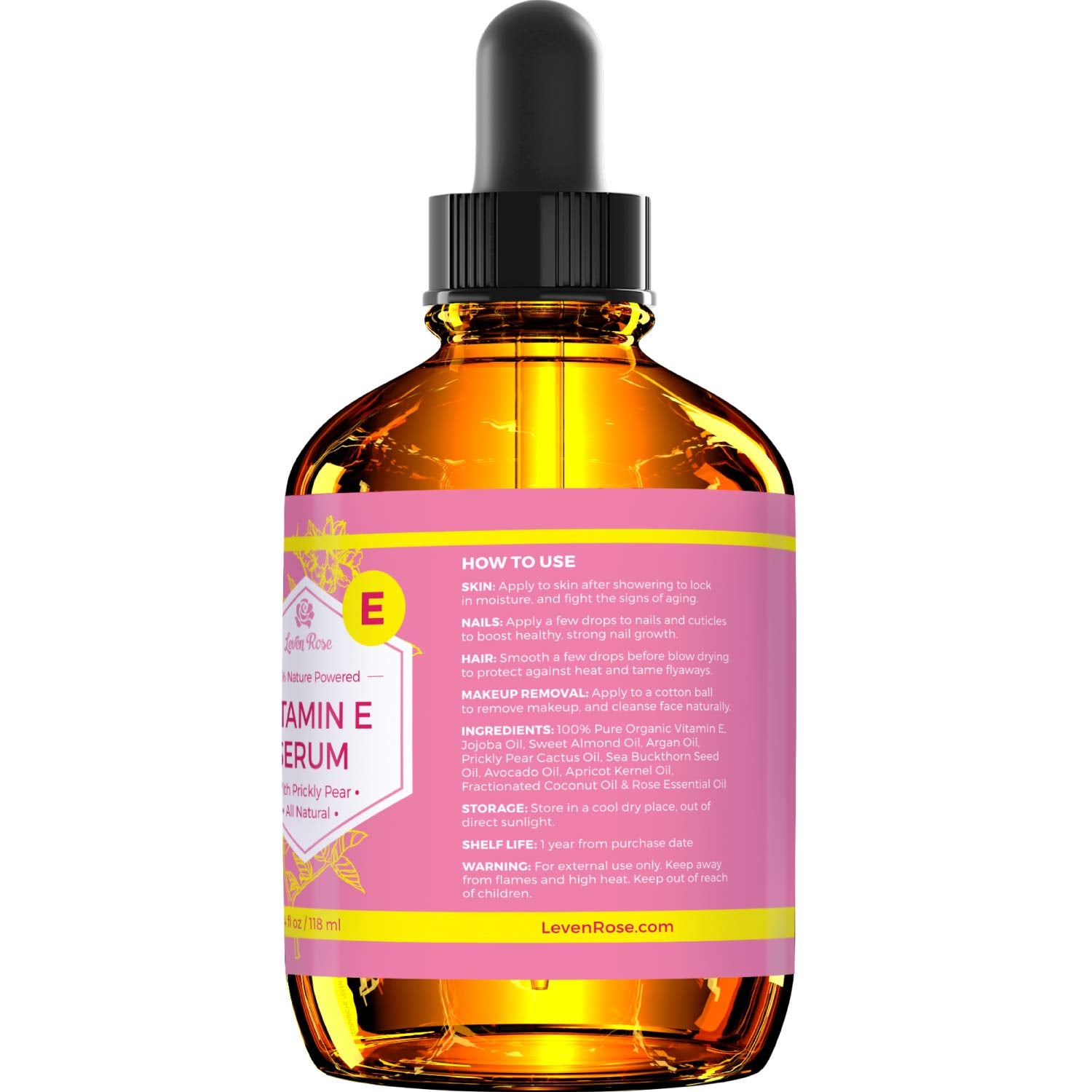 Leven Rose Vitamin E Oil Serum pipette dispenses exact drops, reducing waste.
