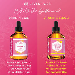 Leven Rose Vitamin E Oil Serum bottle with precise pour for steady application.