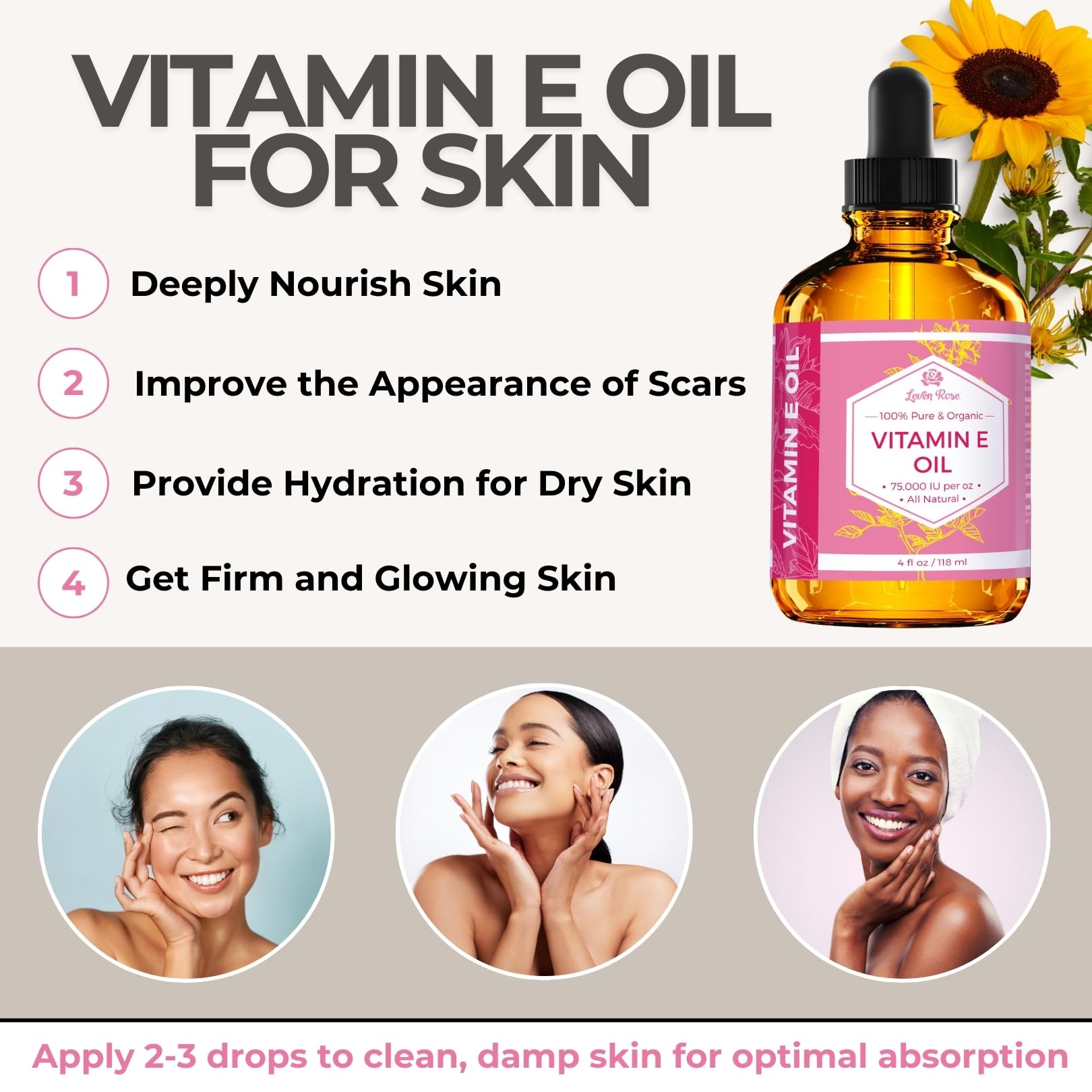 Leven Rose Vitamin E Oil on skin provides a healthy glow