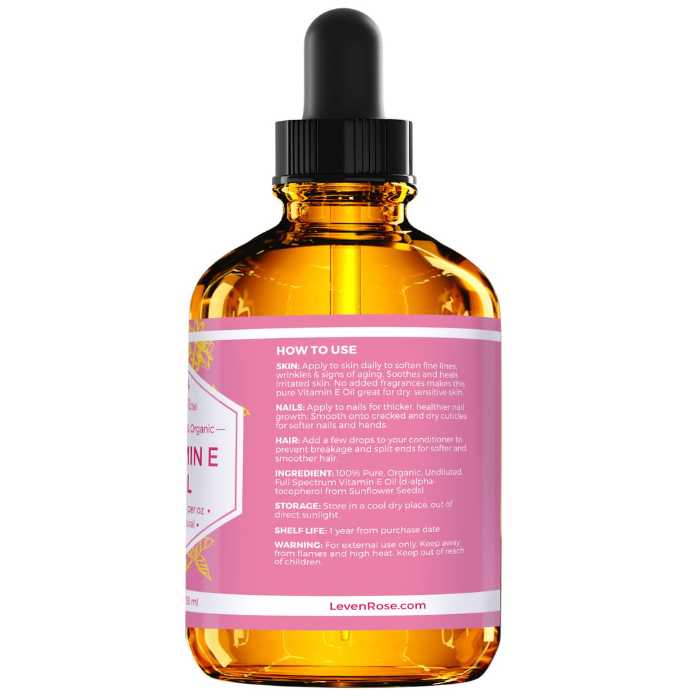 Leven Rose Vitamin E Oil drops on a spa setup for daily antioxidant care