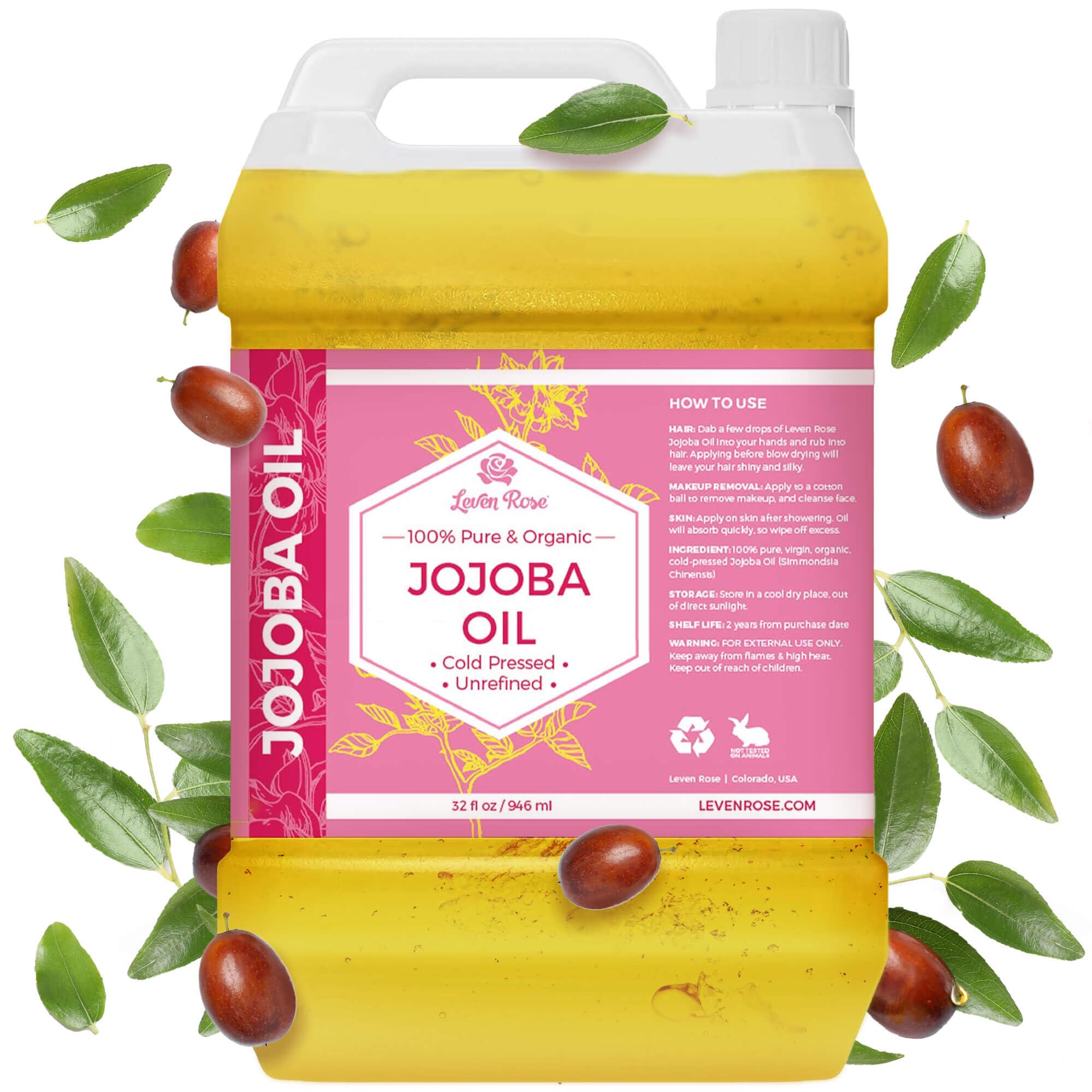 Leven Rose Jojoba Oil bulk bottle shows a 32 oz size for extended skin and hair care.