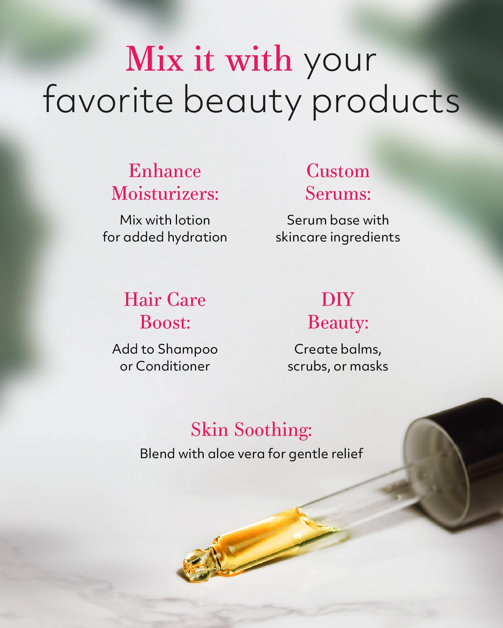 Leven Rose Jojoba Oil being poured highlights purity and easy absorption for skincare and hair.