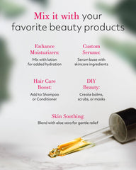 Leven Rose Jojoba Oil being poured highlights purity and easy absorption for skincare and hair.