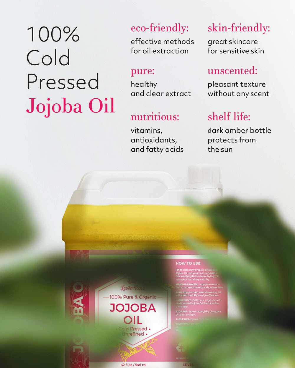 Leven Rose Jojoba Oil USA-made label signals quality for sensitive skin care.