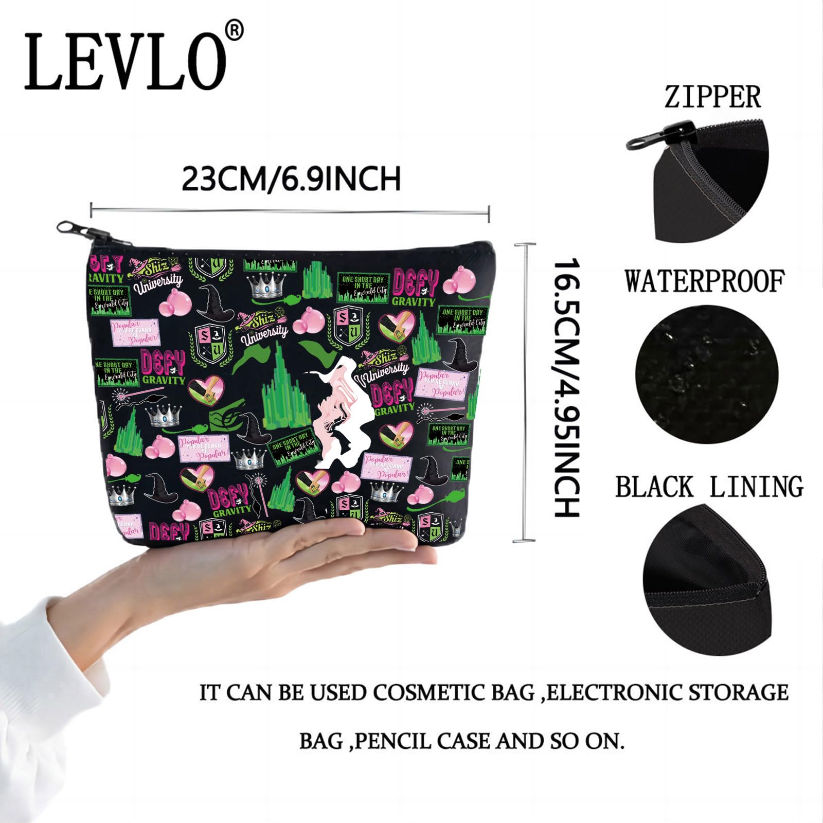 LEVLO Witch Musical Cosmetic Bag con cremallera 3D, resistencia y durabilidad.
