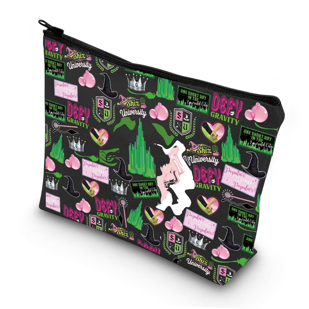 LEVLO Witch Musical Cosmetic Bag frontal con ilustración de bruja, ideal para maquillaje diario.