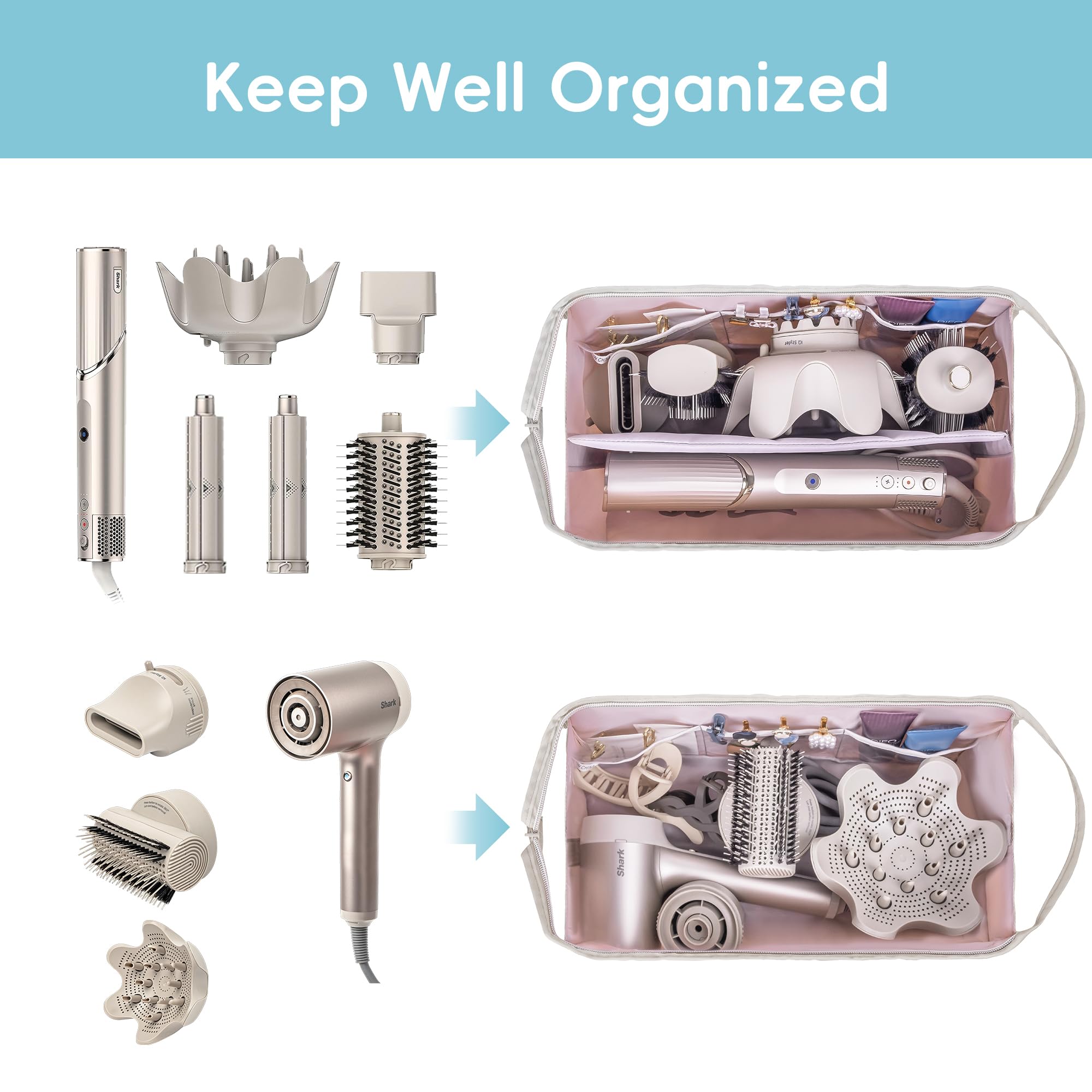 Lexeeco Dyson Air Wrap Travel Case organized pockets help separate small accessories.