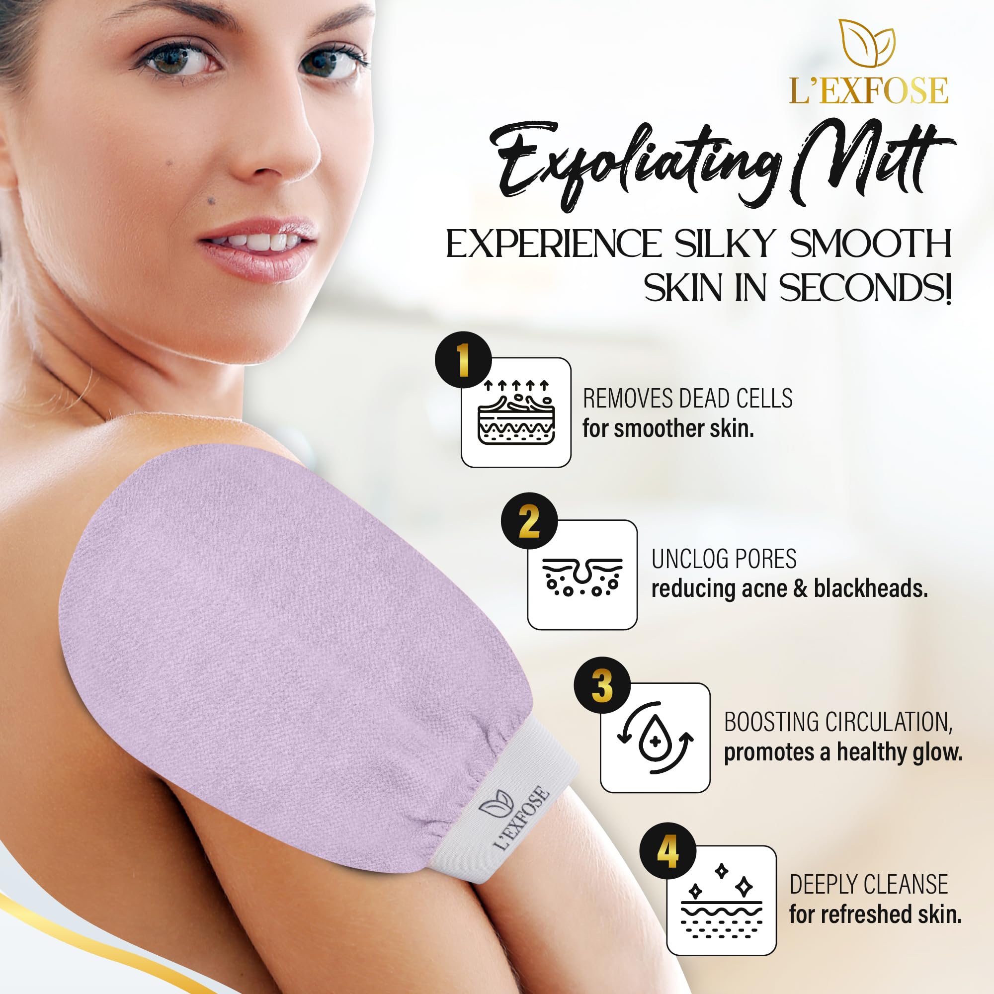 L'Exfose guante exfoliante, textura 150D, piel más suave tras la ducha