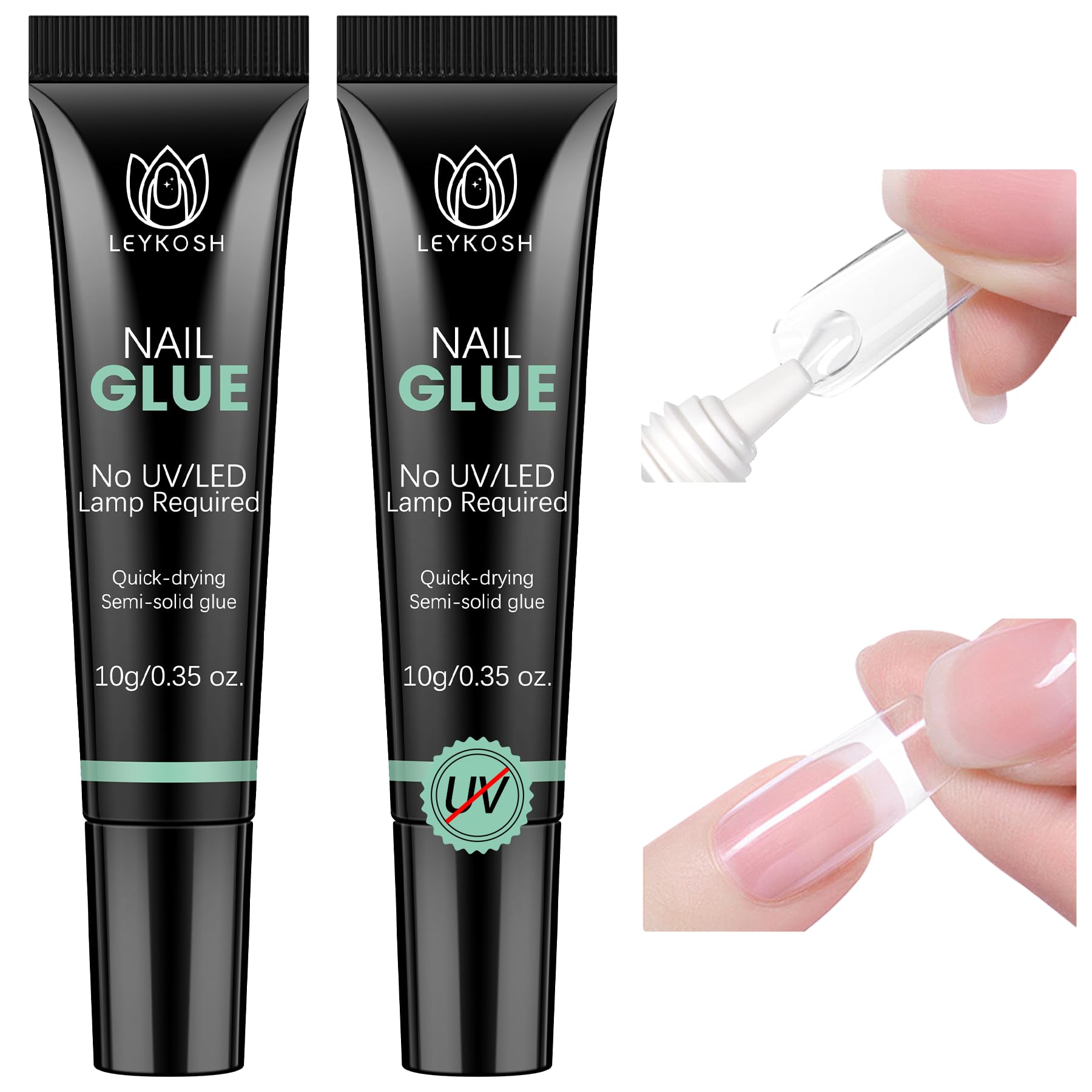 LEYKOSH Nail Glue with 10s dry technology for fast manicures and instant adhesion.