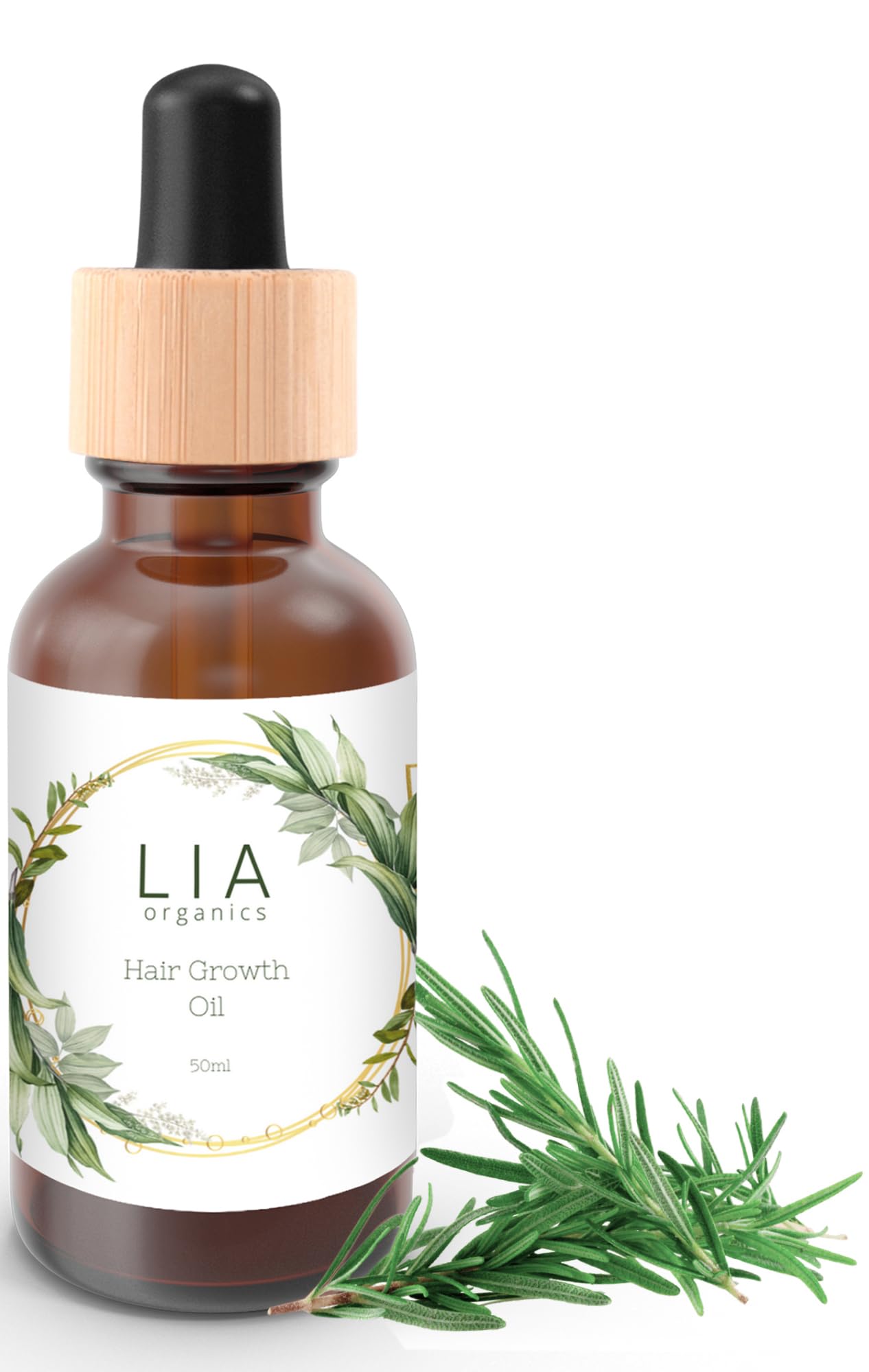 Lia Organics Hair Growth Oil bottle label highlights botanical formula for scalp conditioning