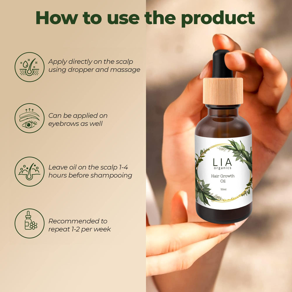 Close-up of ingredients like rosemary and castor oils in Lia Organics formula