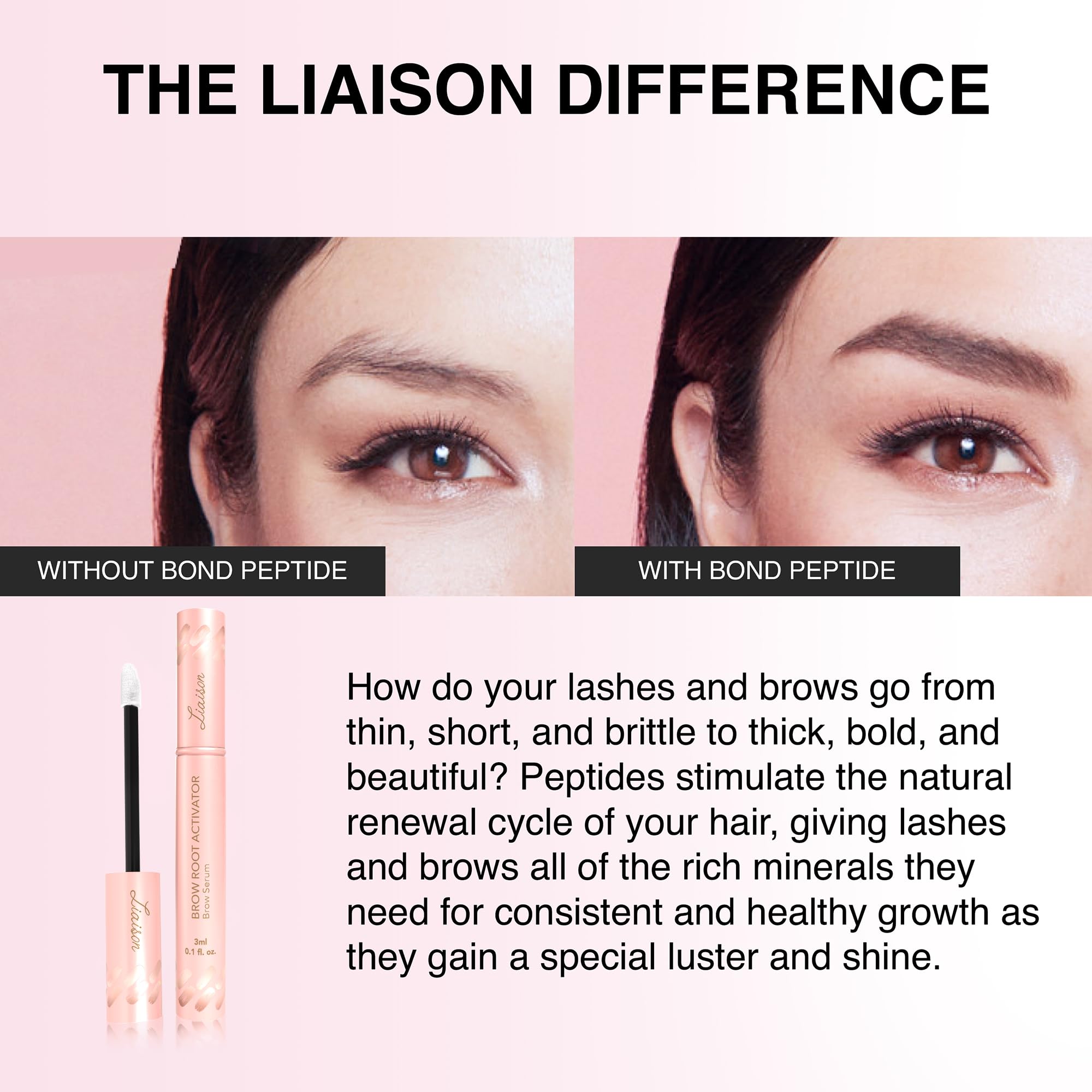 Liaison Brow Growth Serum closeup highlights a lightweight, quick-absorbing texture
