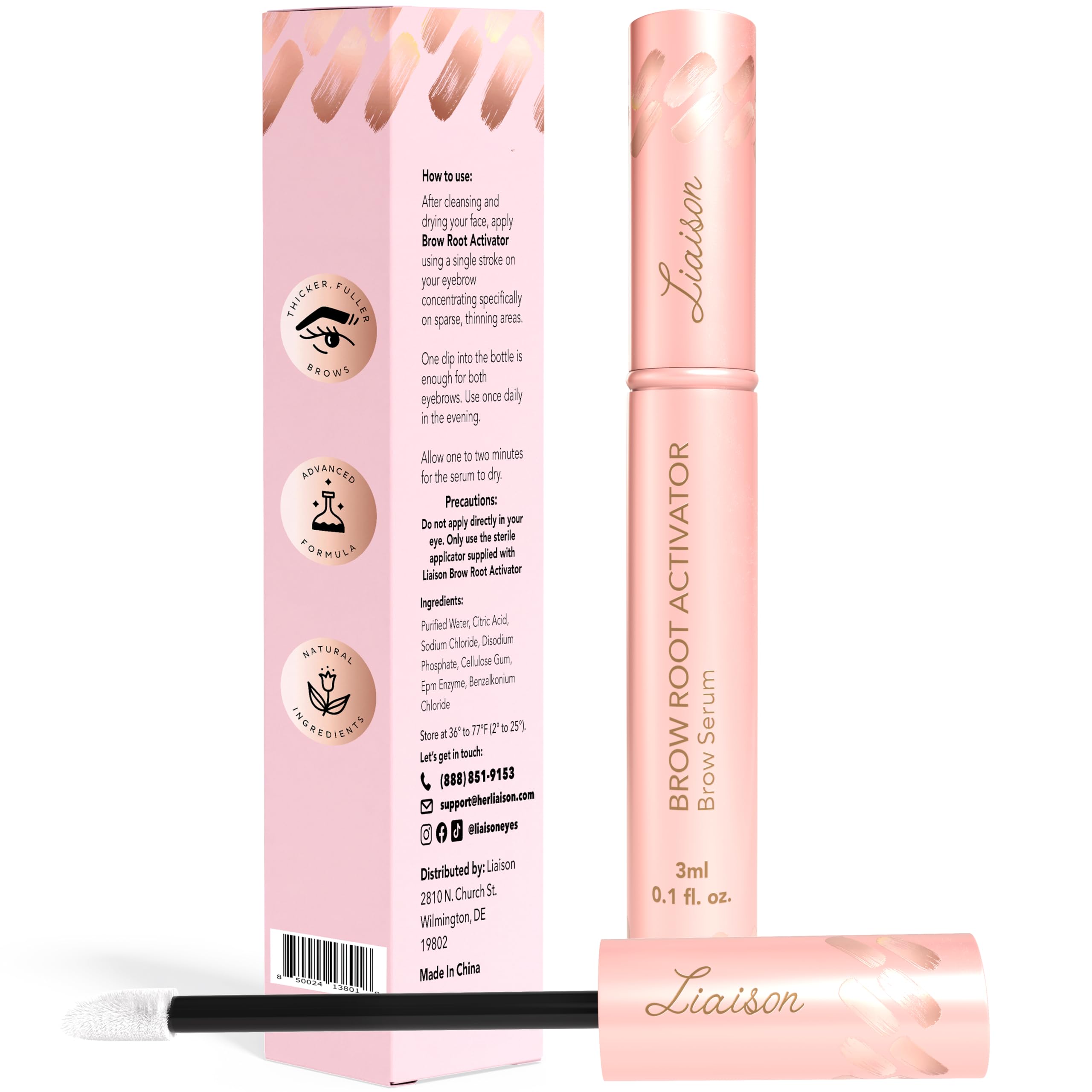 Liaison Brow Growth Serum precision brush close-up showing active peptides and clean formula.