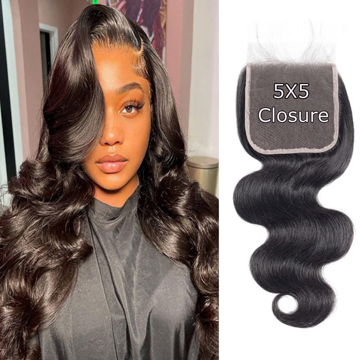 Liangya Hair HD body wave closure closeup shows breathable 5x5 lace for natural-looking parting.