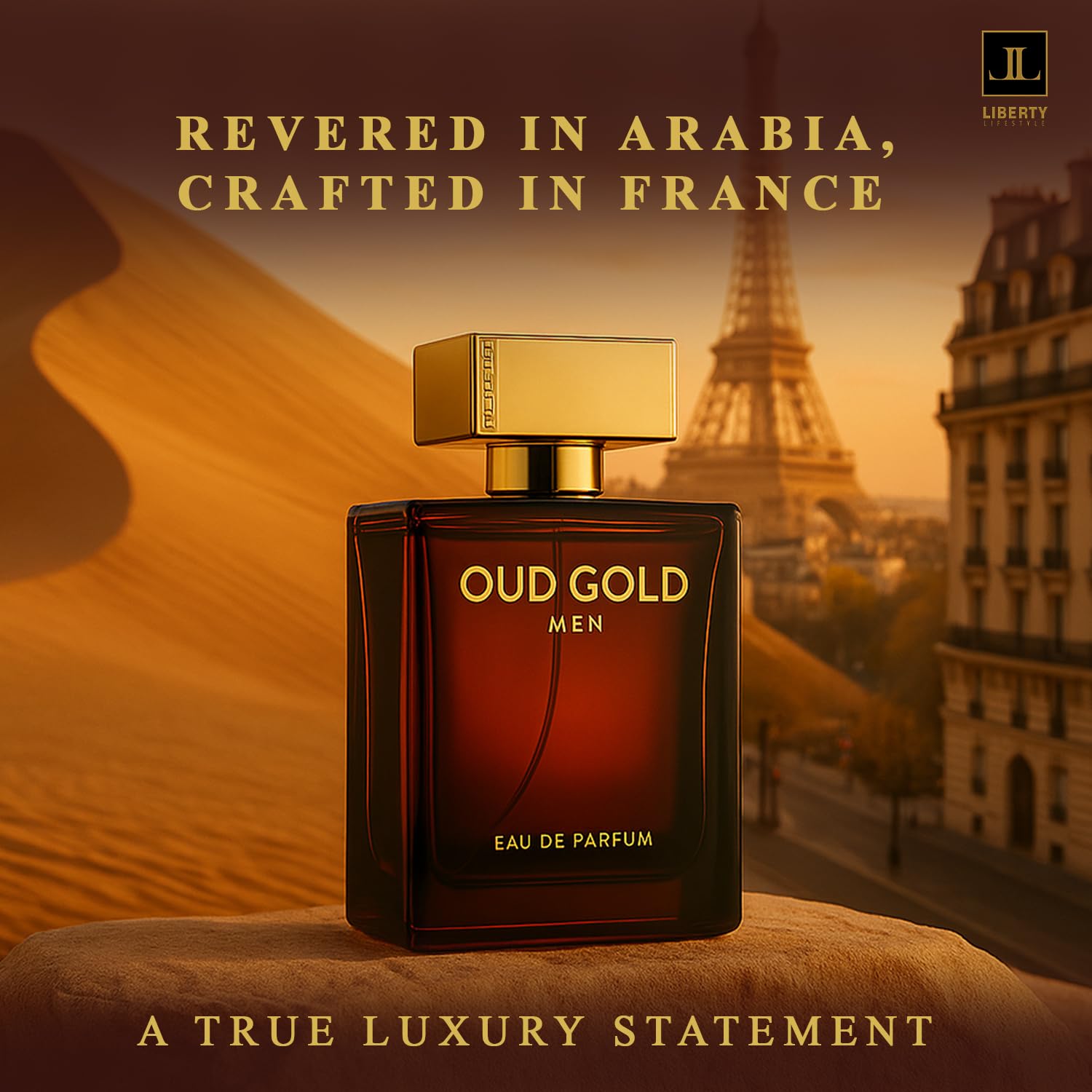 Liberty Oud Arabic Perfume label close-up emphasizes quality and IFRA certification.