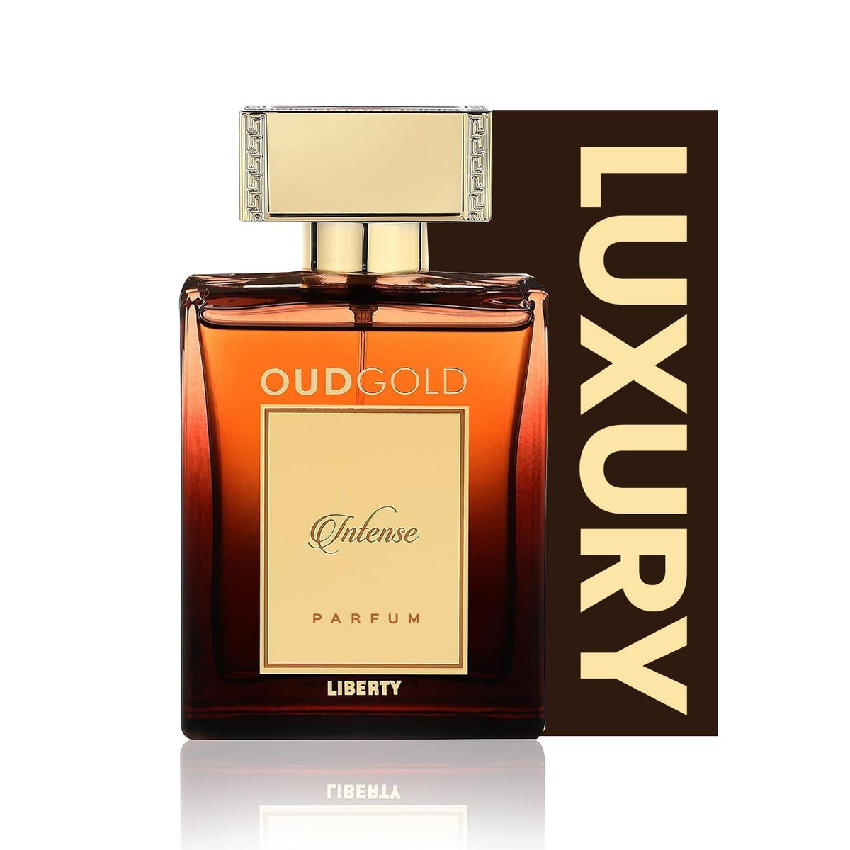 Liberty OudGold Intense bottle-front view highlighting premium woody fragrance.