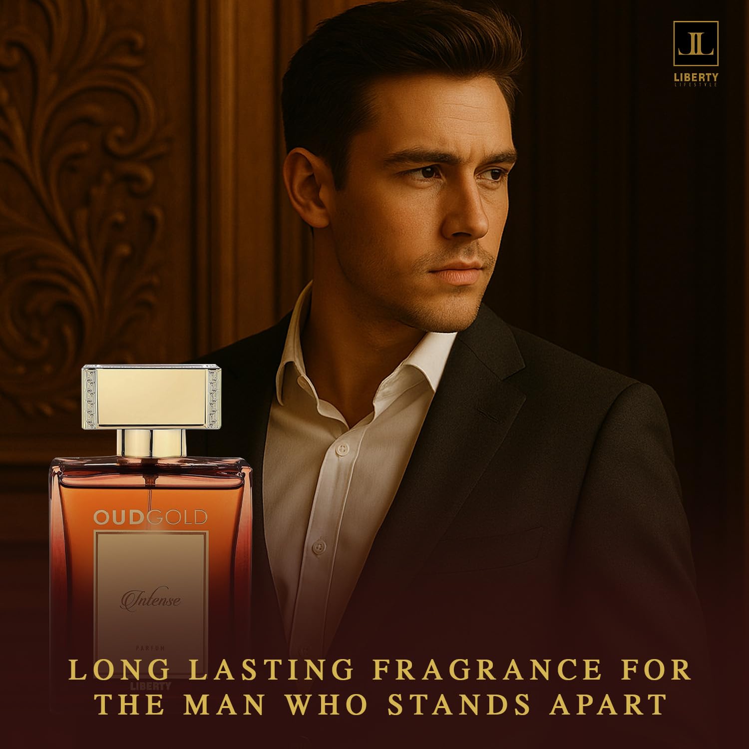 Liberty OudGold Intense outer-packaging communicates prestige and collectability.
