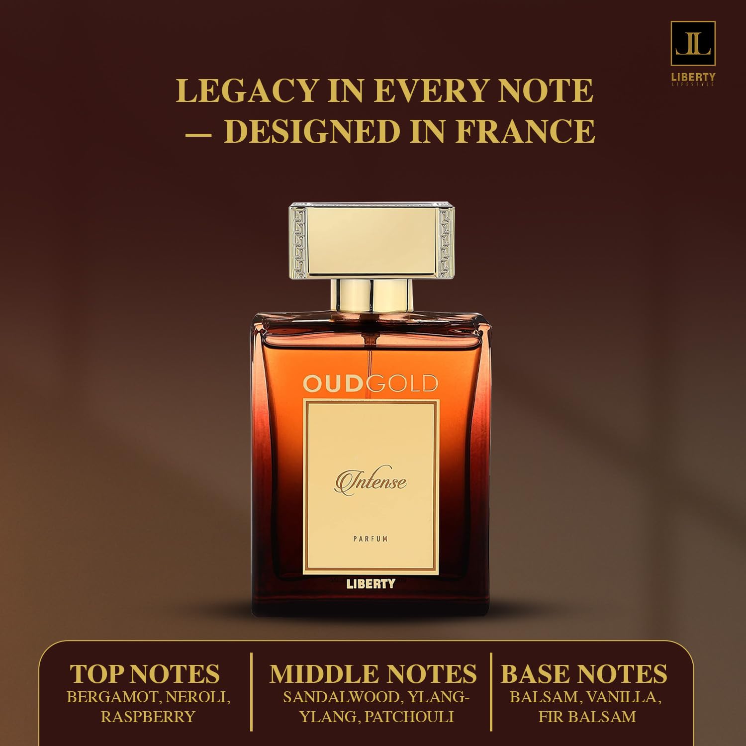 Liberty OudGold Intense scent-layer hints evoke bergamot and sandalwood warmth.