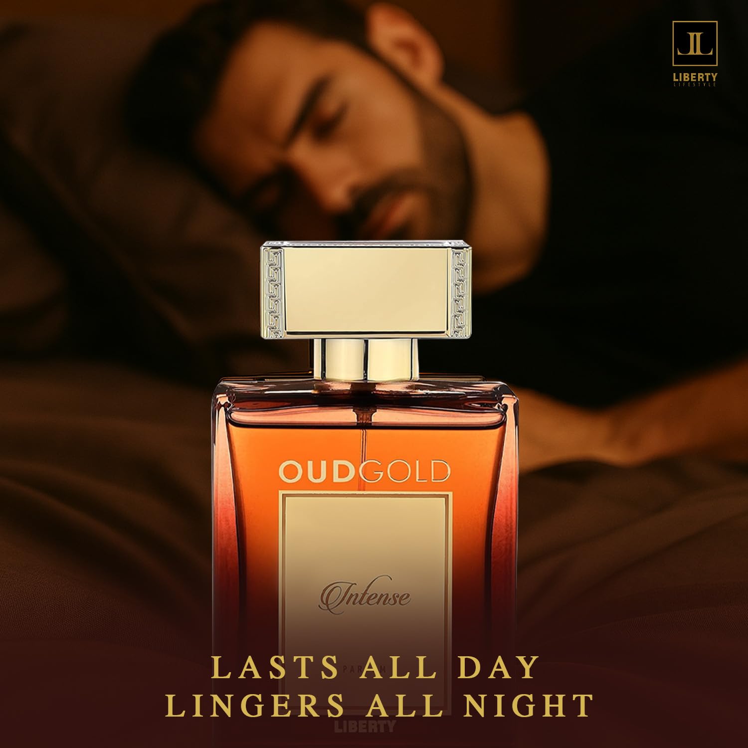 Liberty OudGold Intense on-wood-surface setting suggests masculine sophistication.