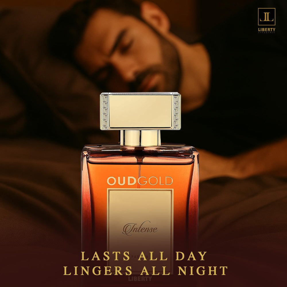 Liberty OudGold Intense on-wood-surface setting suggests masculine sophistication.
