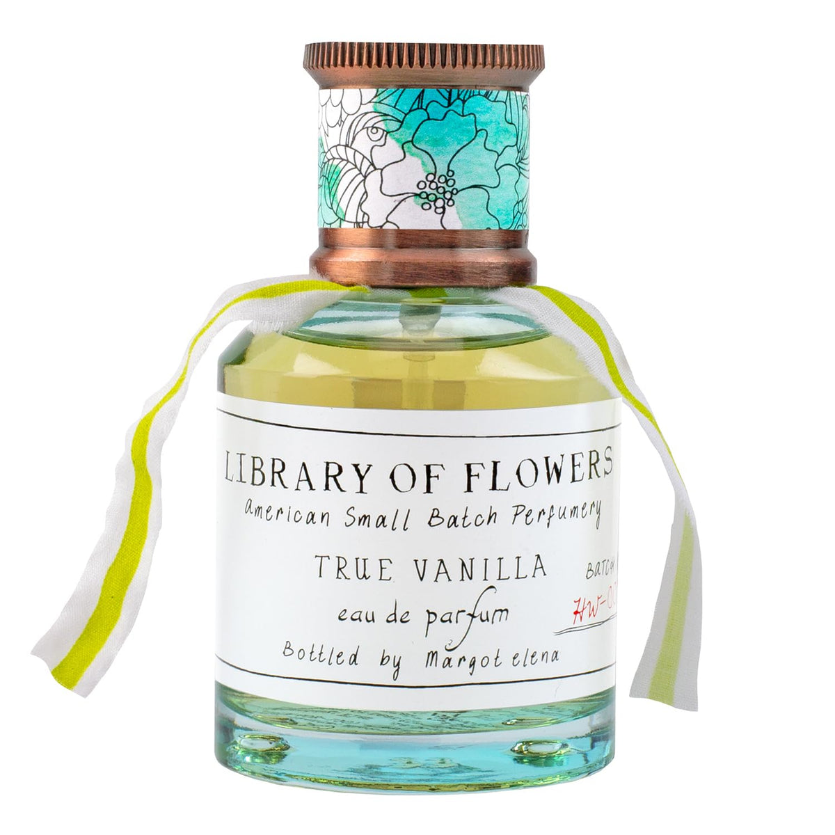 Library of Flowers True Vanilla bottle closeup highlighting bergamot and amber notes for evenings.