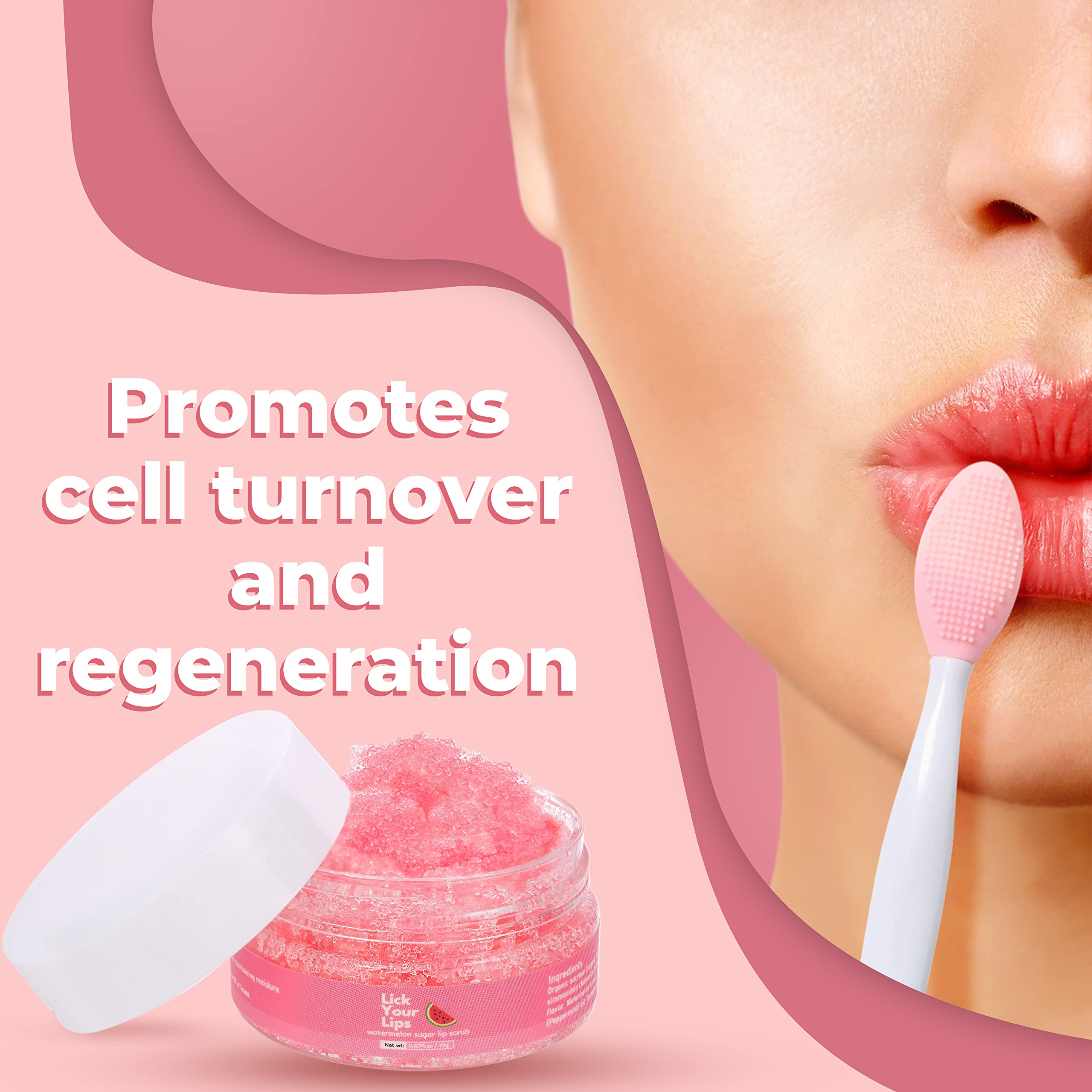Lick Your Lips Watermelon Sugar Lip Scrub ingredients highlight shea butter and watermelon extract.
