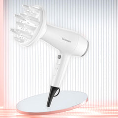 Licoseam Hair Dryer compact back view emphasizes portable storage and wall-hanging loop.