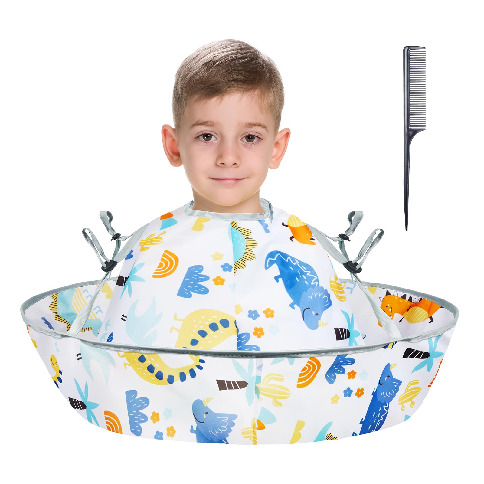 Lictin dinosaur-theme haircut cape umbrella keeps kids dry during trims.