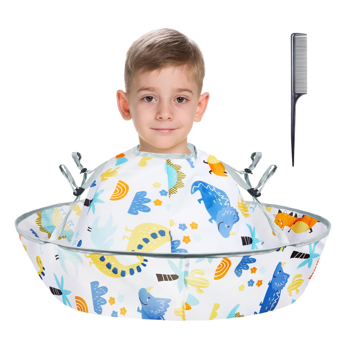 Lictin dinosaur-theme haircut cape umbrella keeps kids dry during trims.