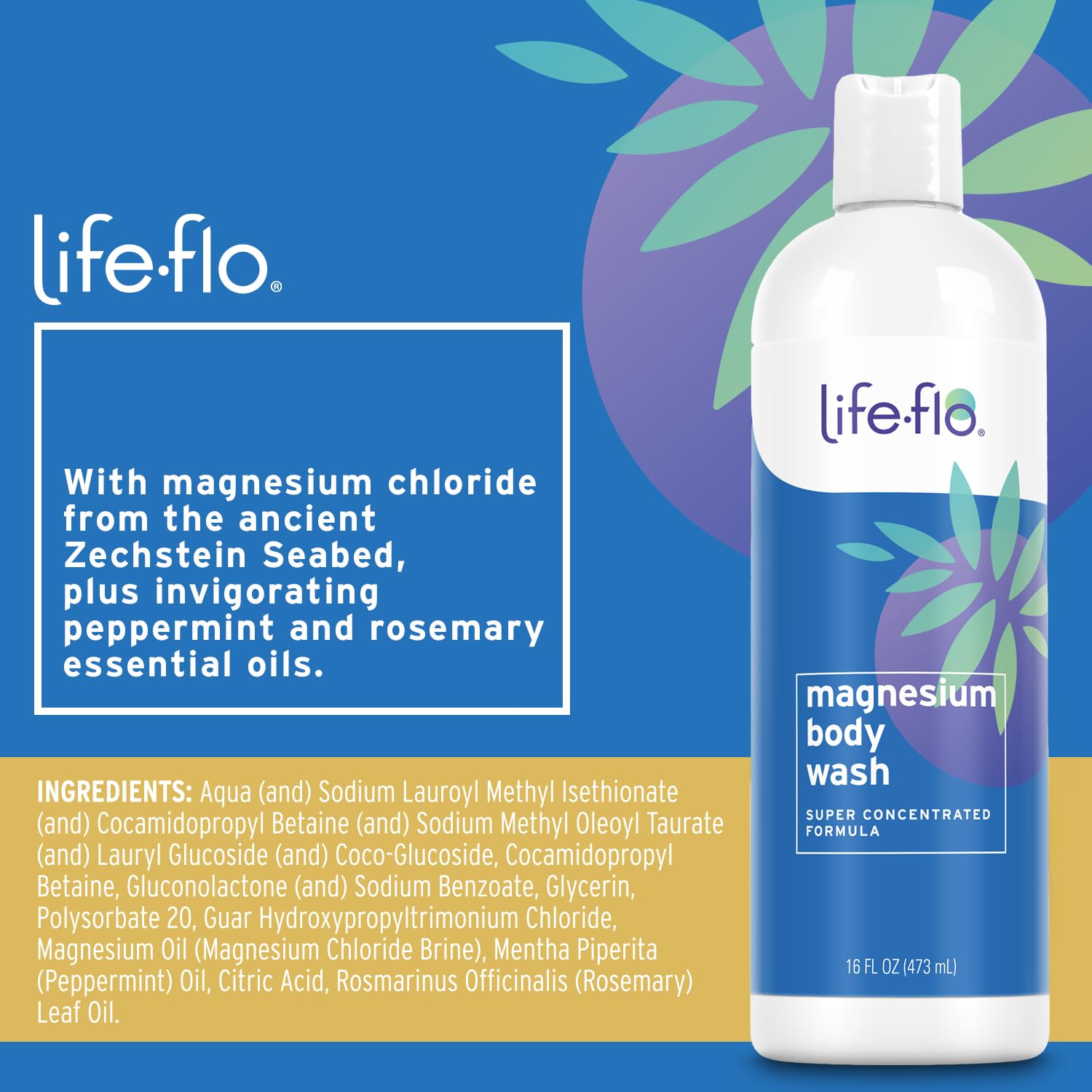 LIFE-FLO Magnesium Body Wash pour shows easy-to-use, soothing lather for calmer skin