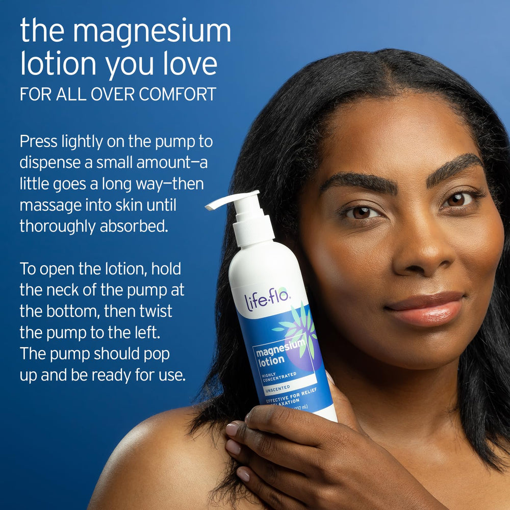 Life-Flo Magnesium Lotion vanilla bottle shows mild scent option for relaxation.