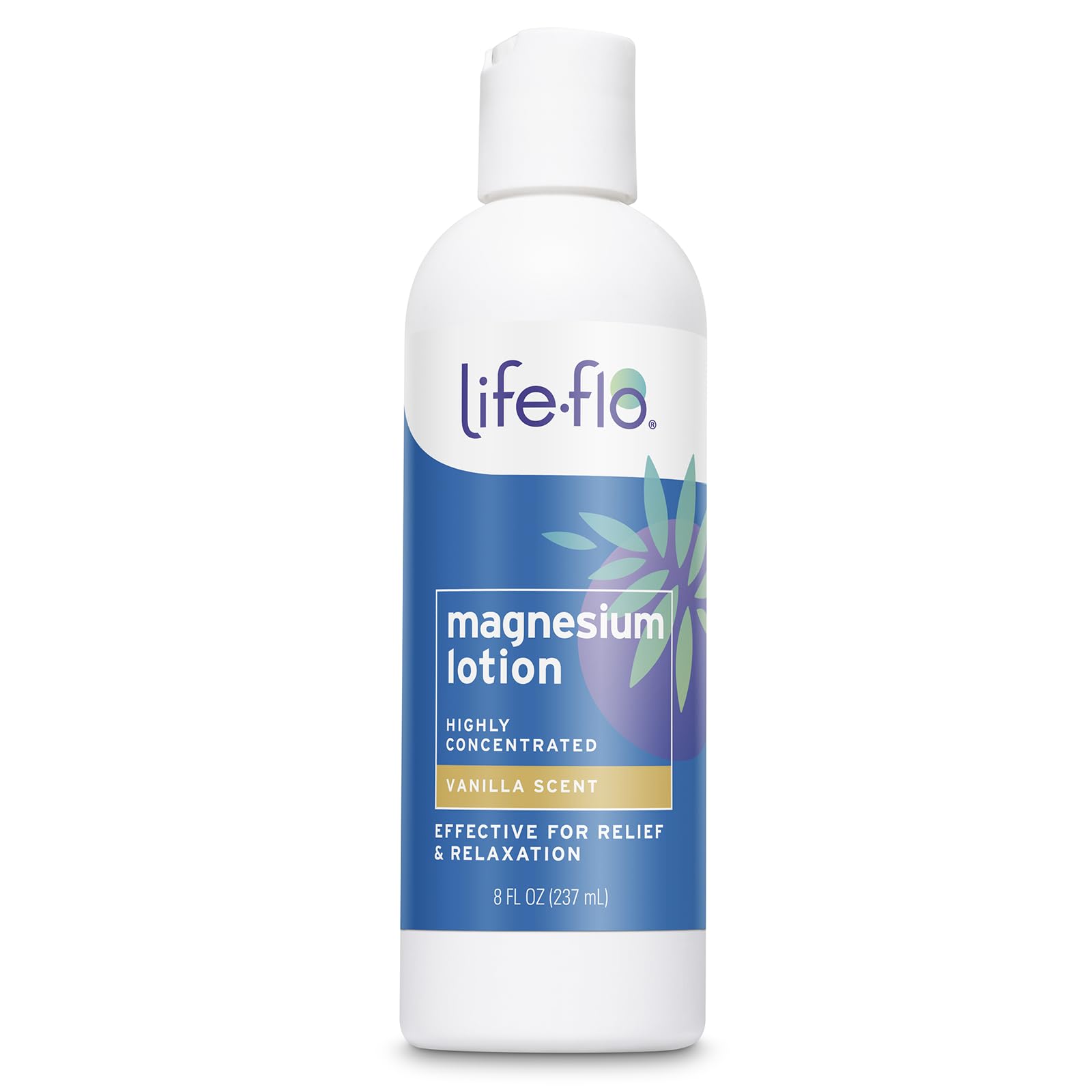 Life-Flo Magnesium Lotion vanilla-scent bottle promotes soothing hydration.