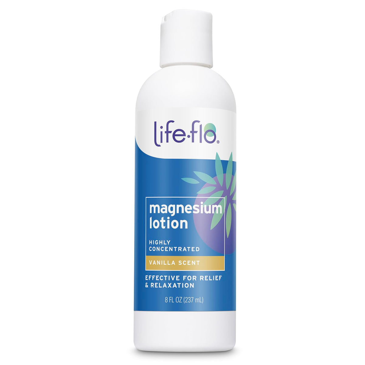 Life-Flo Magnesium Lotion vanilla-scent bottle promotes soothing hydration.