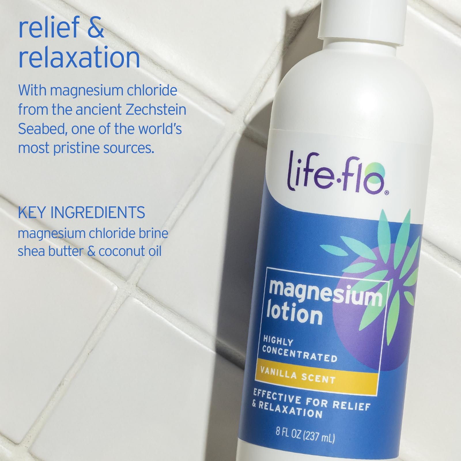 Life-Flo Magnesium Lotion vanilla-scent pump for easy, even application.