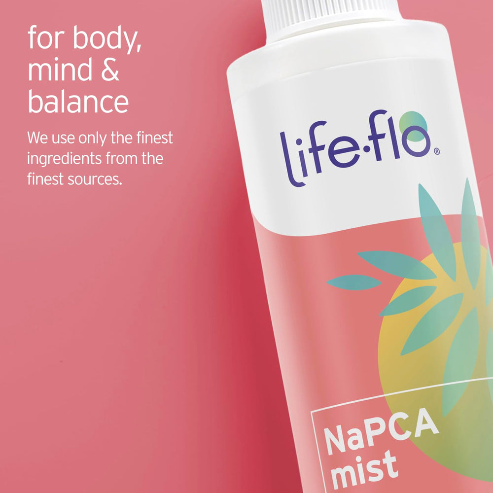 Life-Flo NaPCA Hydrating Mist on vanity, part of a self-care routine.