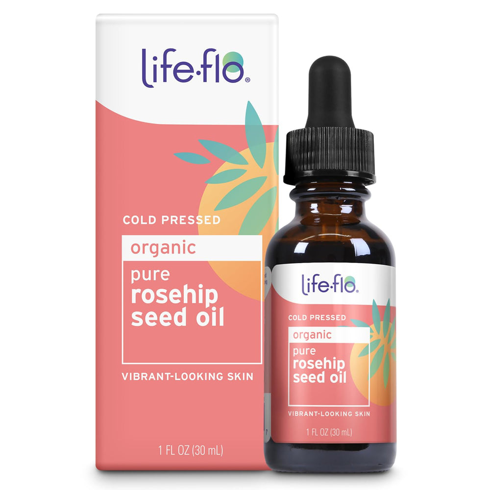Life-Flo Pure Organic Rosehip Seed Oil bottle emphasizing hydration and purity