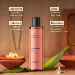 Life & Pursuits Rosemary-Amla-Hibiscus oil image shows botanicals supporting hair vitality.
